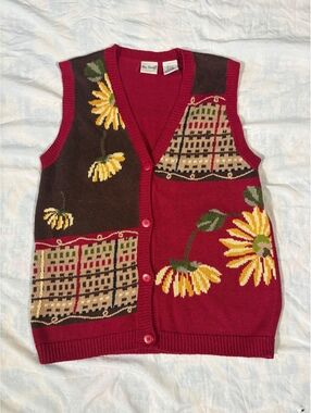 Vtg 90s Two Twenty Sunflower Patchwork Knit Sweater Vest Ramie Cotton Small
